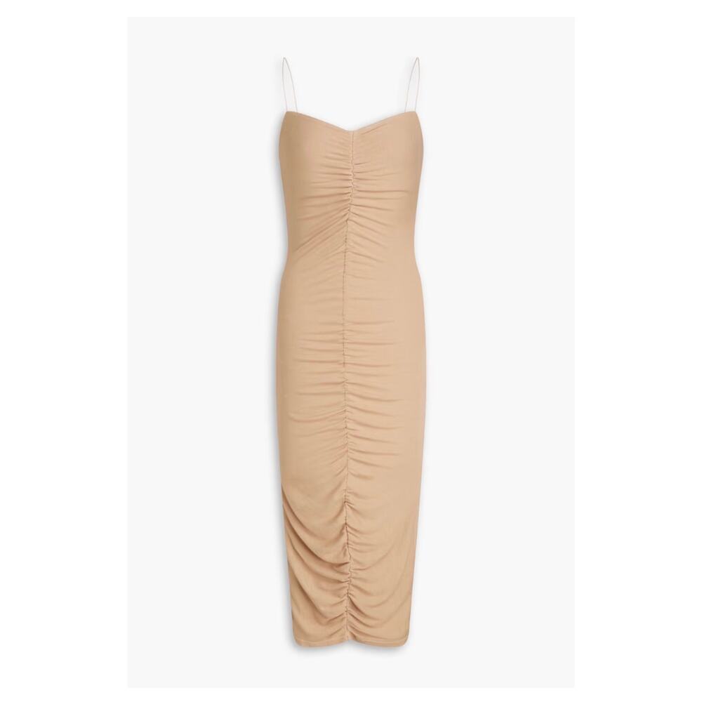 ENZA COSTA Strappy 90's Model Ruched Ribbed Cream Stretch Midi-Dress Size Large - Picture 3 of 4